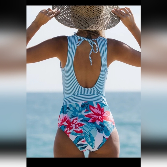NWT Small Striped and Floral One-Piece Swimsuit - Picture 2 of 10